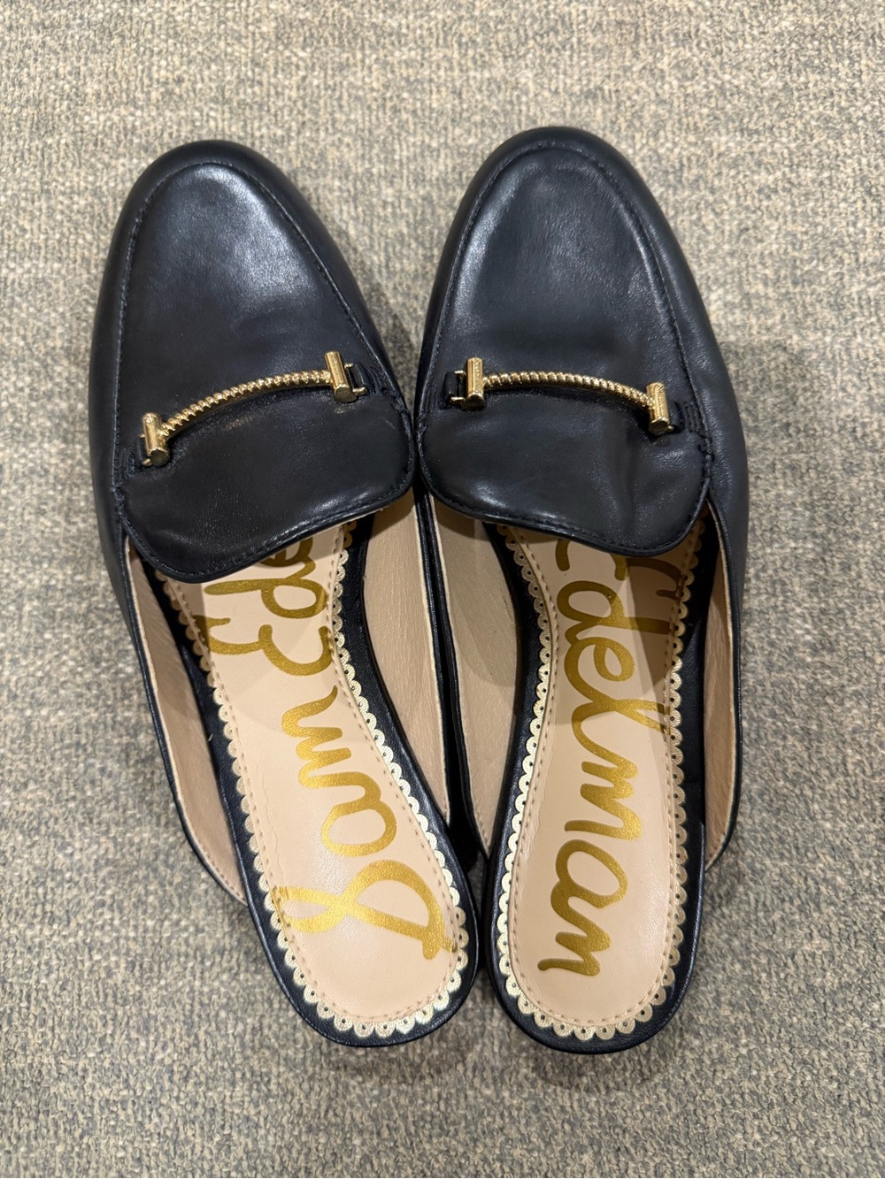 Sam Edelman Black Leather Backless Loafers with Gold Accents